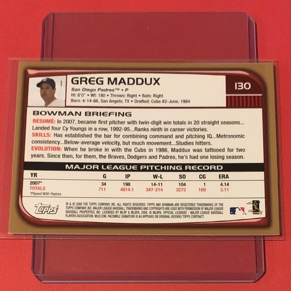 Greg Maddux #130 [Gold] 2008 Bowman Baseball Trading Card - Picture 2 of 2